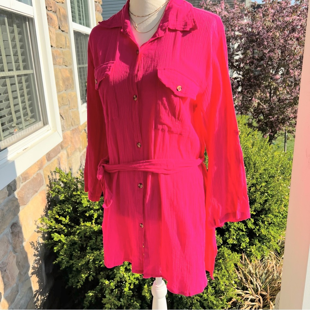 Pamela Stewart Pink 100% Cotton Belted Crinkle Tunic Size Small